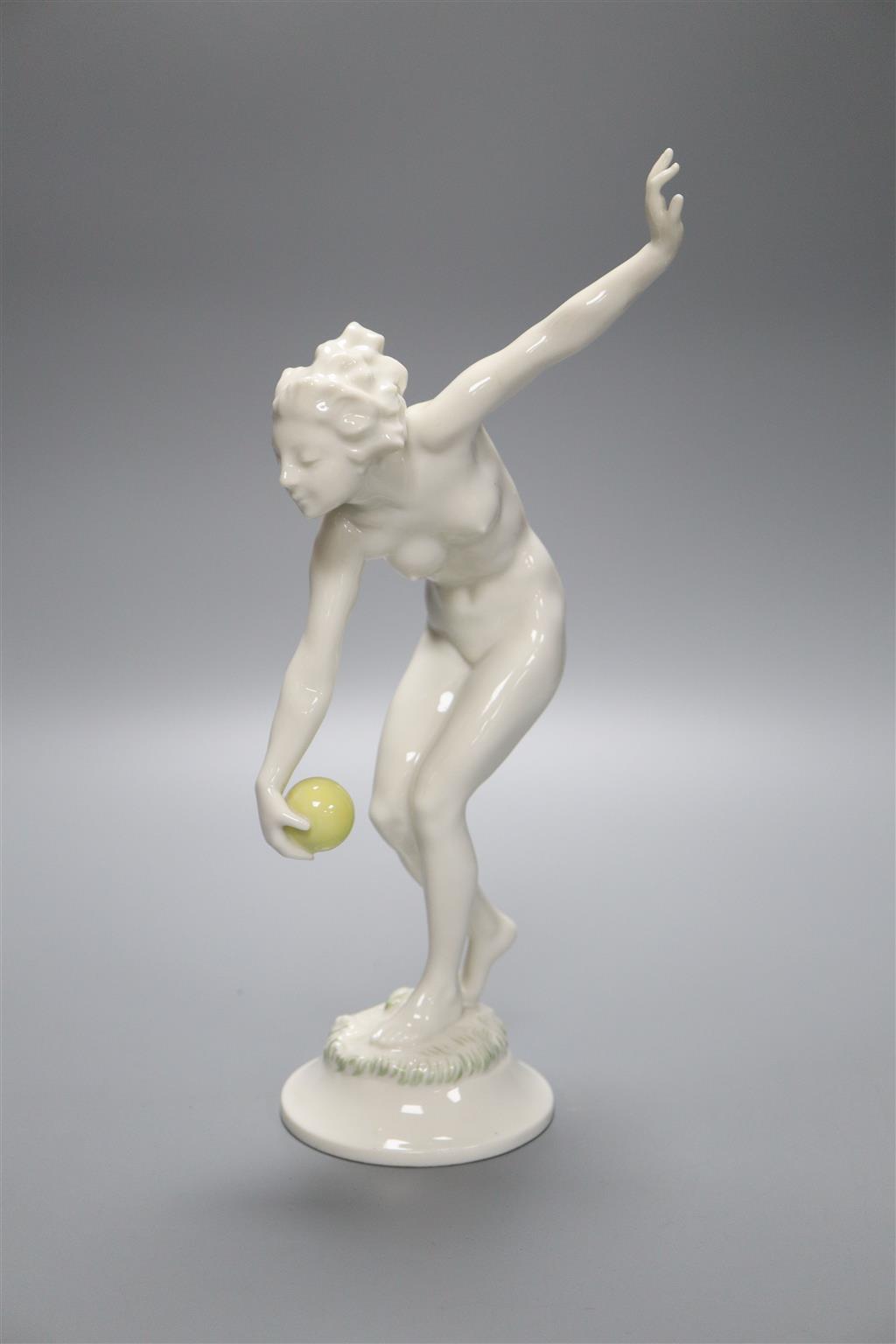 An Art Deco Hutschenreuther porcelain figure, nude female with ball, 27cm